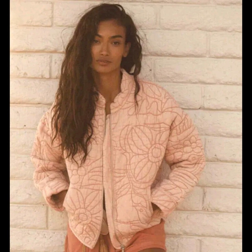 Anthropologie Pink Quilted Bomber Jacket Relaxed Medium Floral Cotton